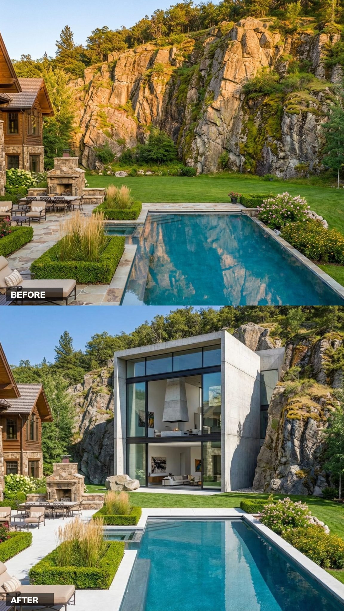 Poured Concrete and Glass Built Into the Cliff Face While the Raw Rock Stays Exposed on Both Sides