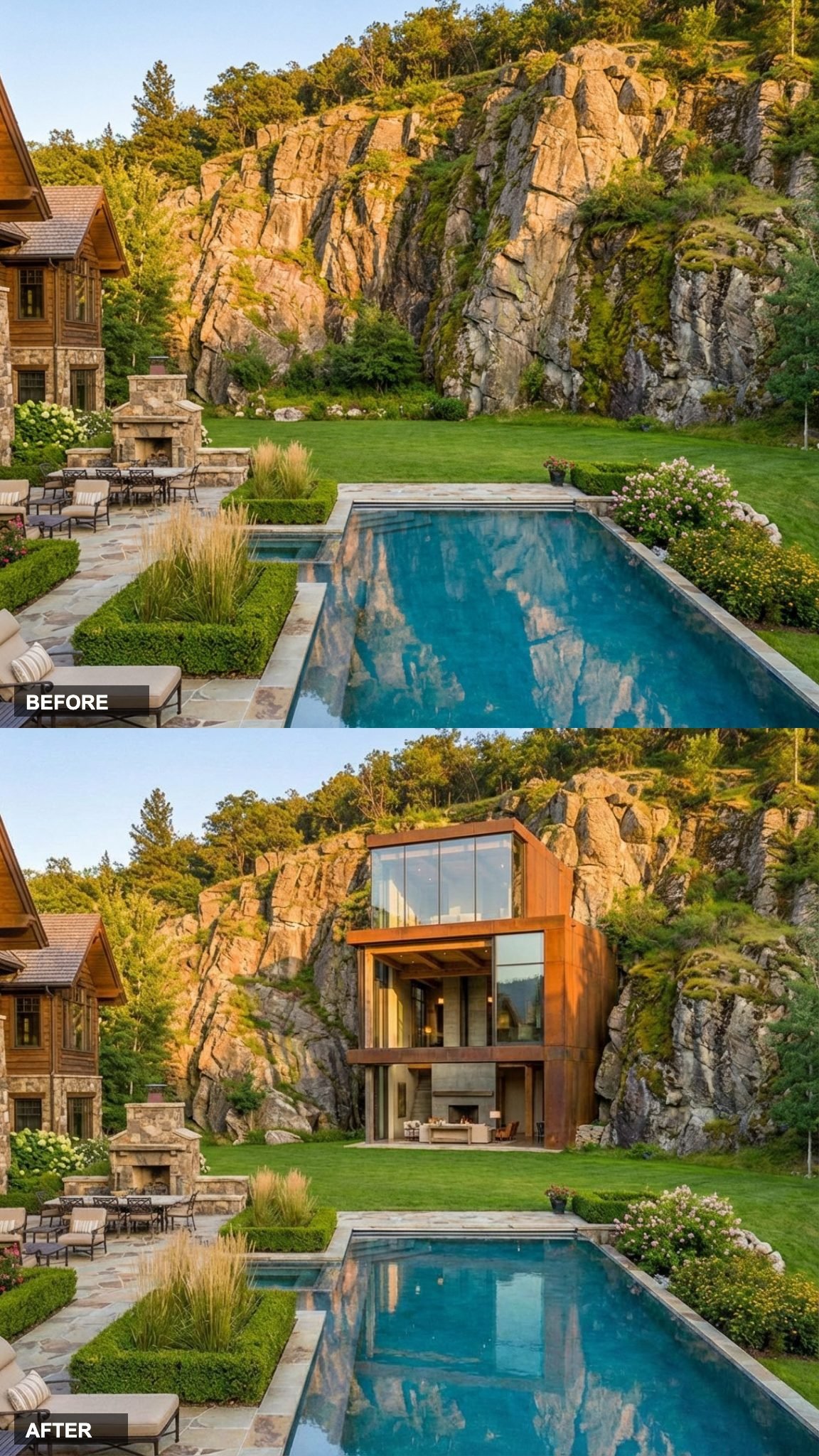 Corten Steel Frames the Glass as the Rust-Toned Panels Age Into the Granite Backdrop