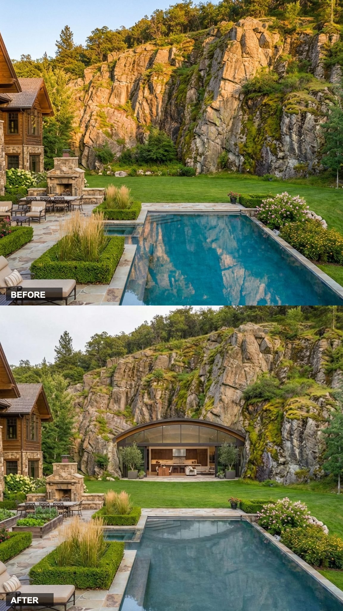 A Sweeping Curved Glass Facade Embedded in the Rock Hollow Opens to an Expansive Interior