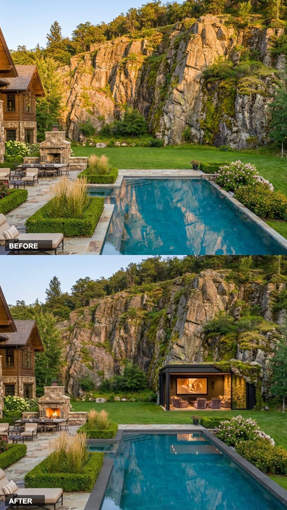 Black Steel and Low-Iron Glass Let the Rock Grow Over One Corner of the Structure