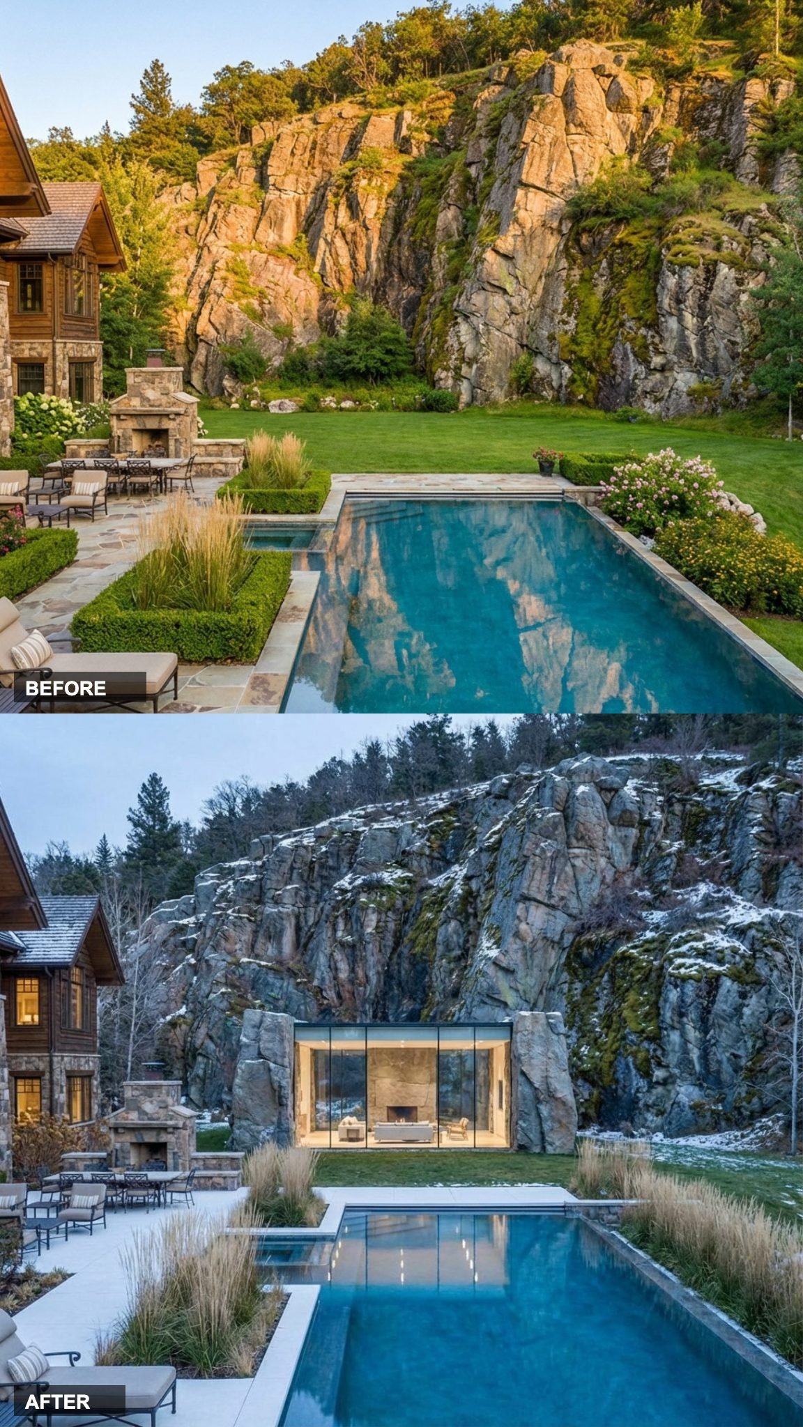 A Minimalist Glass House Floats Between Granite Surfaces With No Visible Roof