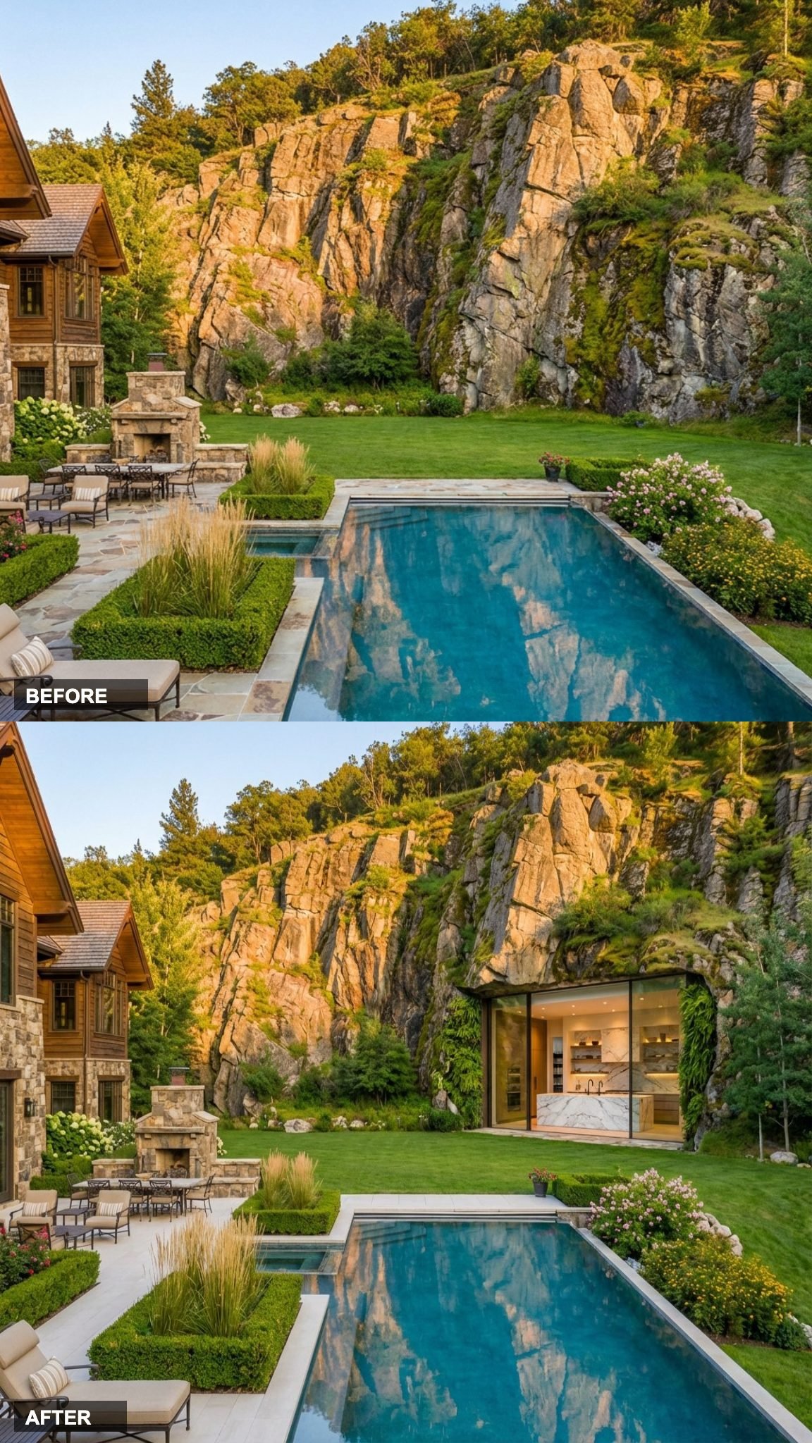A Full-Width Glass Wall Split Into the Rock Hollow Reveals a Dramatic Living Space From the Pool Deck