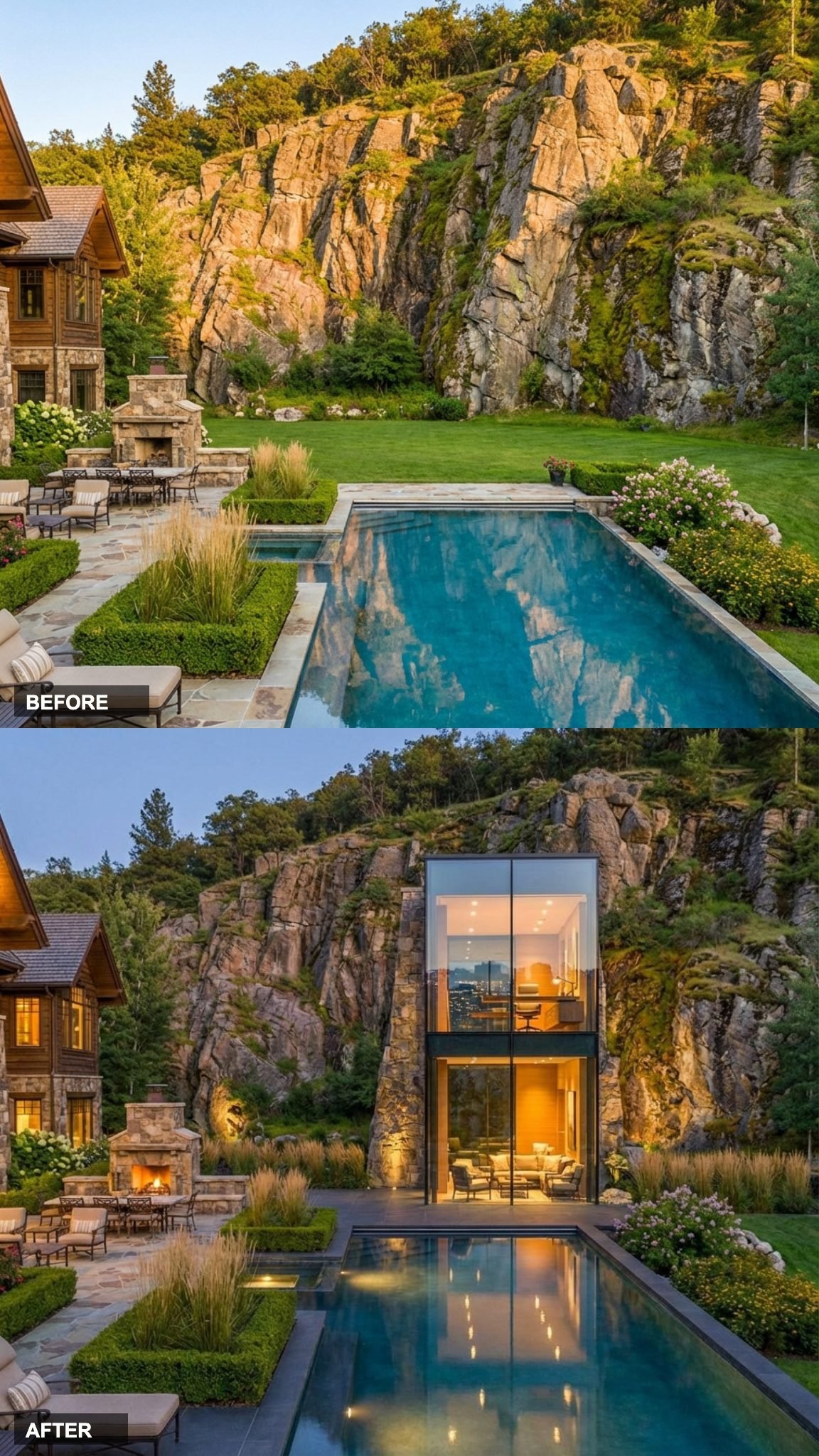 A Vertical Glass Tower Anchored Into the Rock Adds a Study With Views Over the Pool
