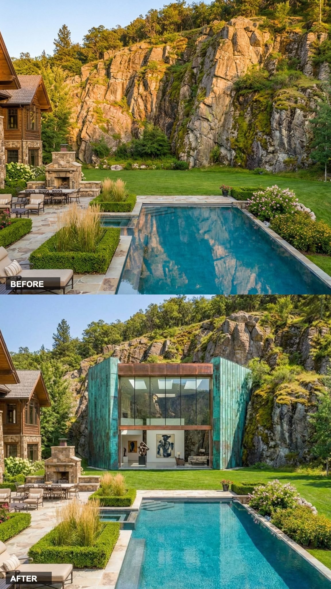 Raw Copper Cladding Flanks the Glazing and Oxidizes Toward the Cliff's Own Mineral Palette