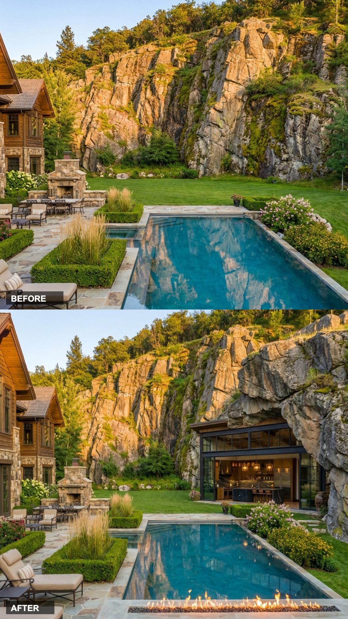 Blackened Steel and Glass Tuck Under a Natural Rock Overhang Like They Were Always Meant To Be There