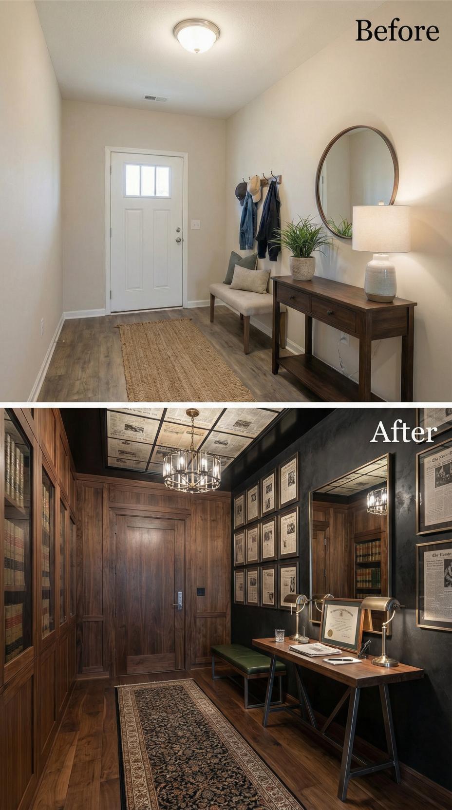 Coffered Tin Ceiling and Framed Document Gallery Transform Entry Study
