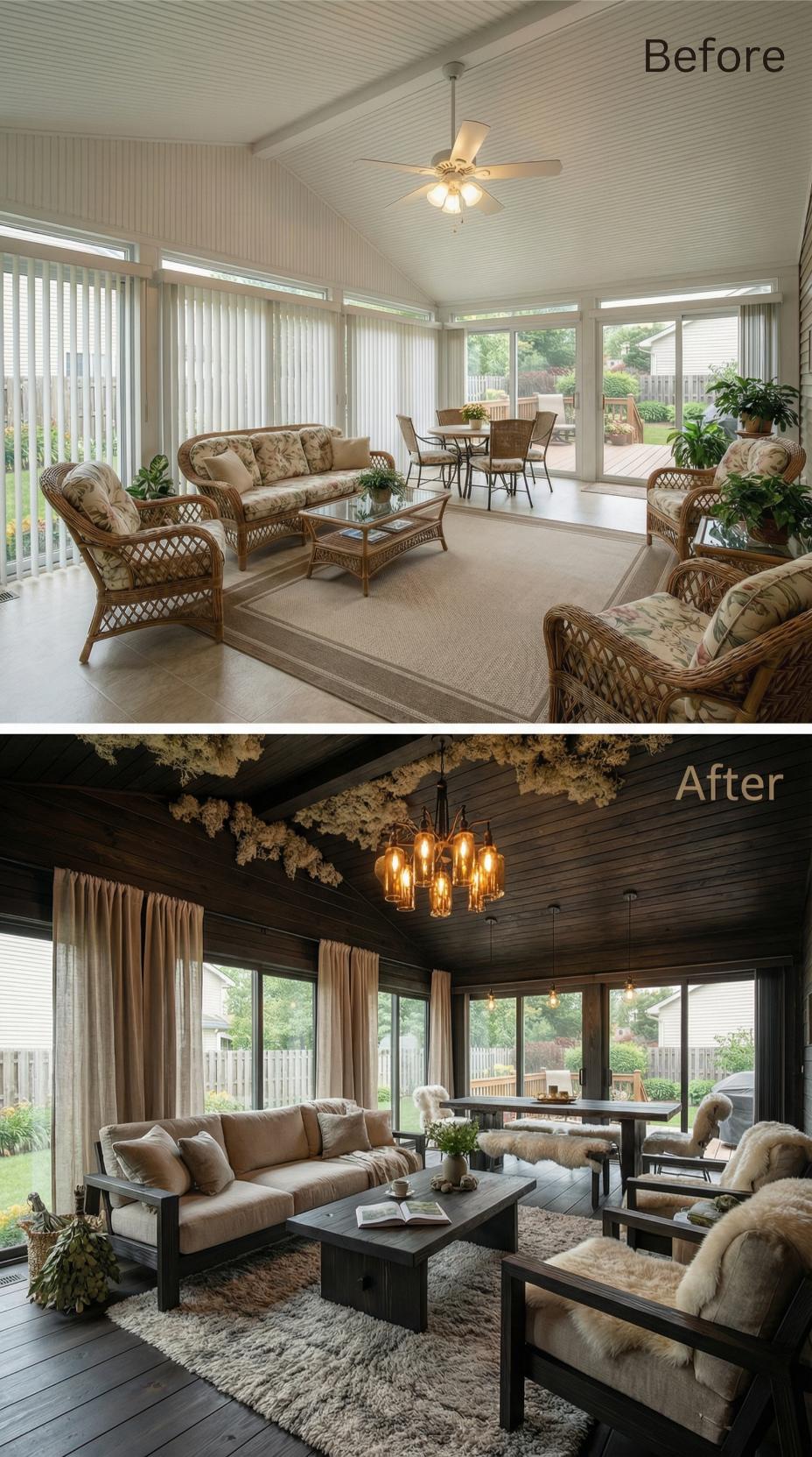 Wicker Casual Replaced by Dark Shiplap and Bronze Chandelier Drama