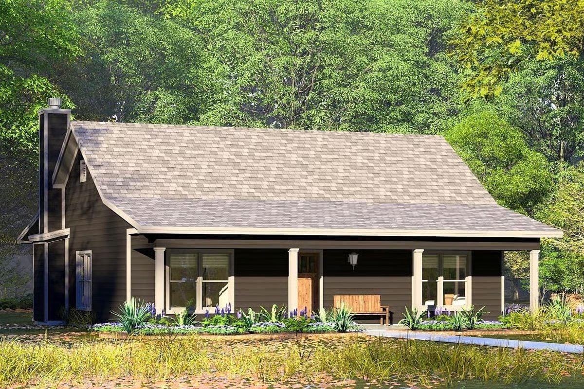 Country-Style 2-Bedroom Cabin with Covered Front and Back Porches (Floor Plan)