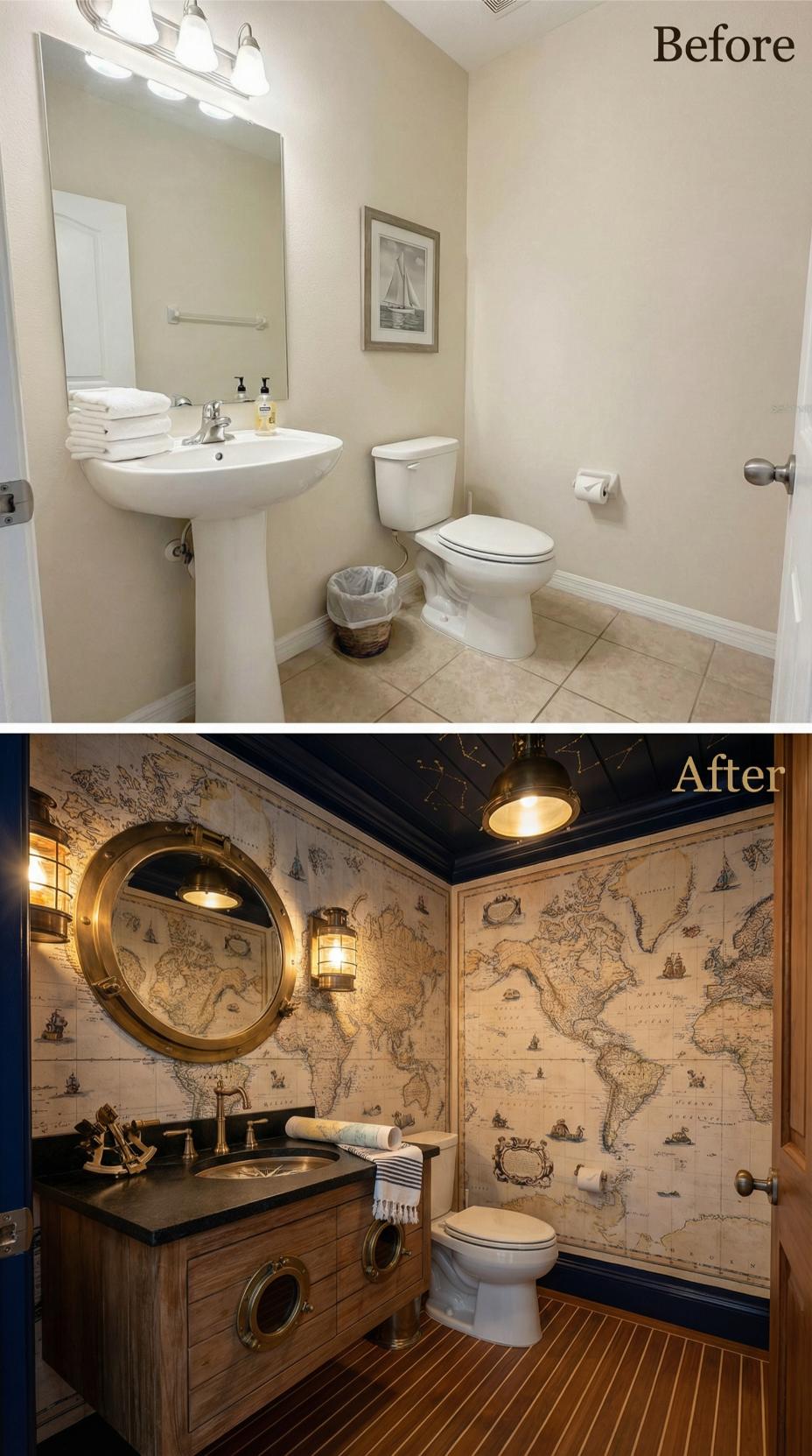 Nautical Map Wallpaper and Brass Porthole Mirror Exile Pedestal Beige