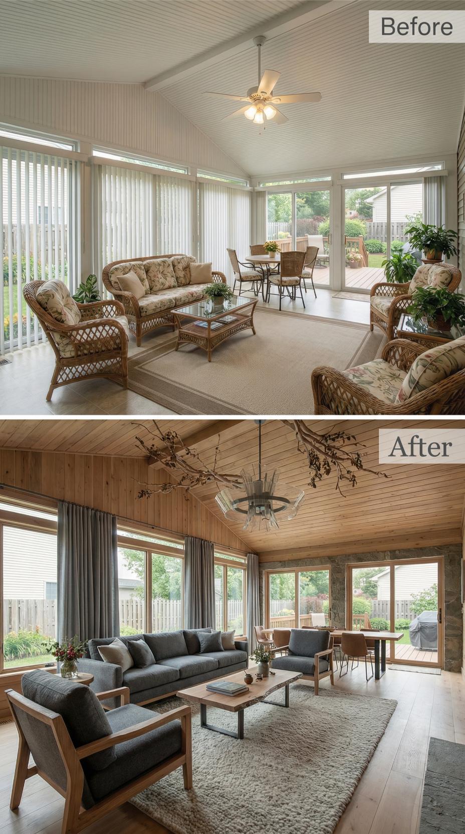 Vertical Vinyl and Floral Wicker Yield to Stone Accent Wall and Charcoal Linen