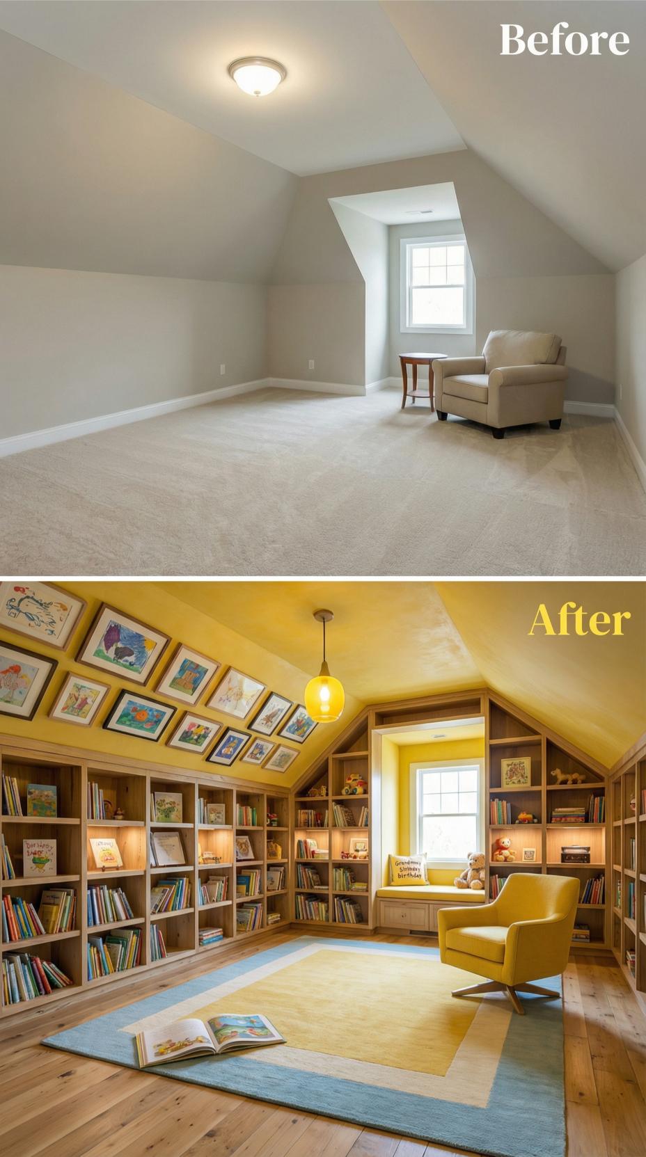 Golden Yellow Library Wraps Corner Window with Illuminated Shelving