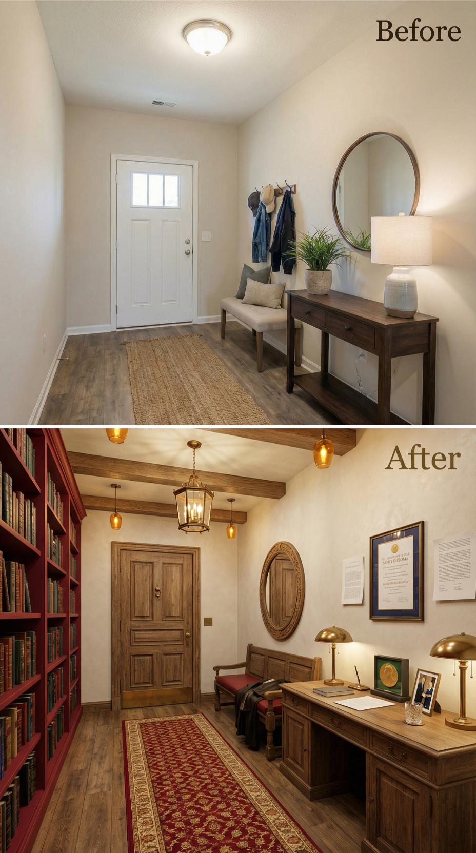 Faux Wood Beams and Burgundy Bookcases Convert Neutral Foyer Into Study