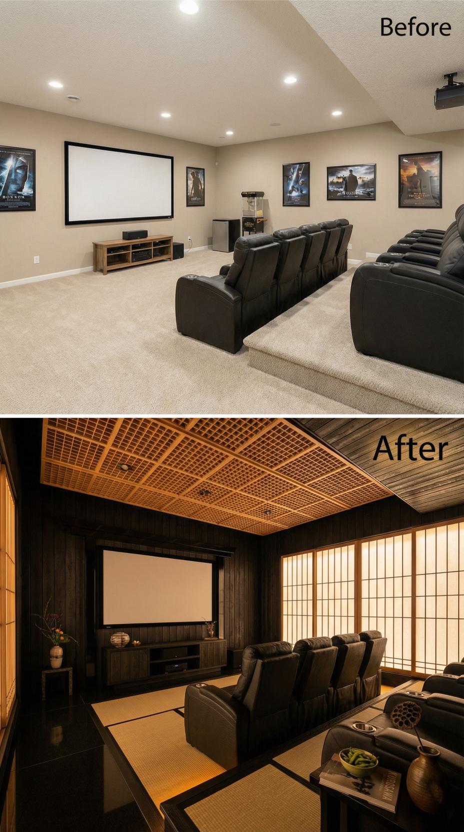 Japanese Shoji Screens and Latticed Wood Ceiling Displace Beige Carpeted Normalcy