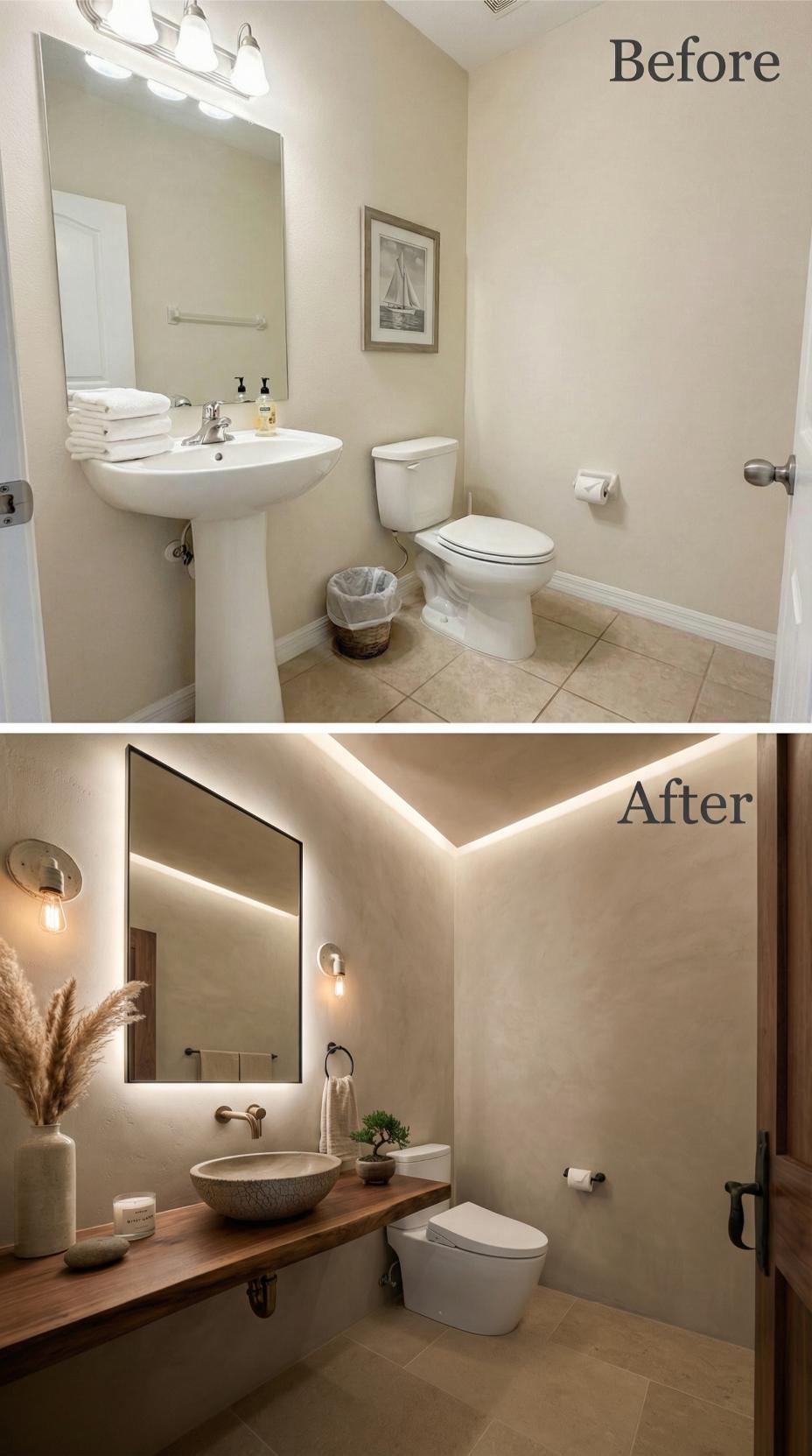 Pedestal Porcelain Out, Floating Walnut and Vessel Sink In