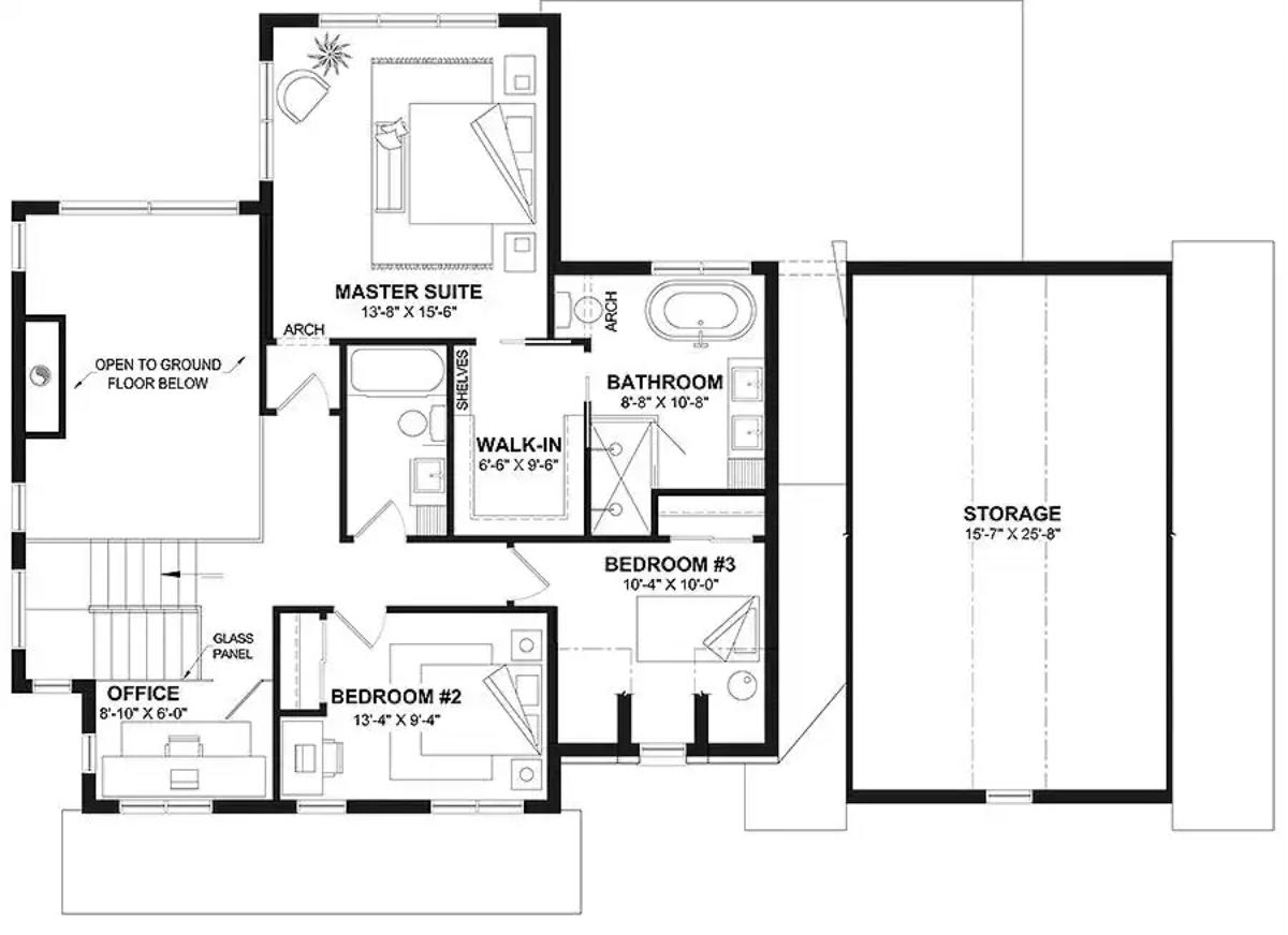 Upper Floor Plan: The Master Suite Gets Its Own Wing While Three Bedrooms Share the Other