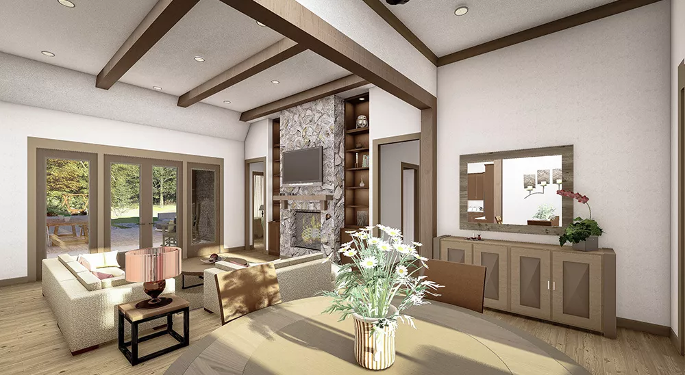 Exposed Beam Ceiling Anchors Open Living Room with Stone Fireplace