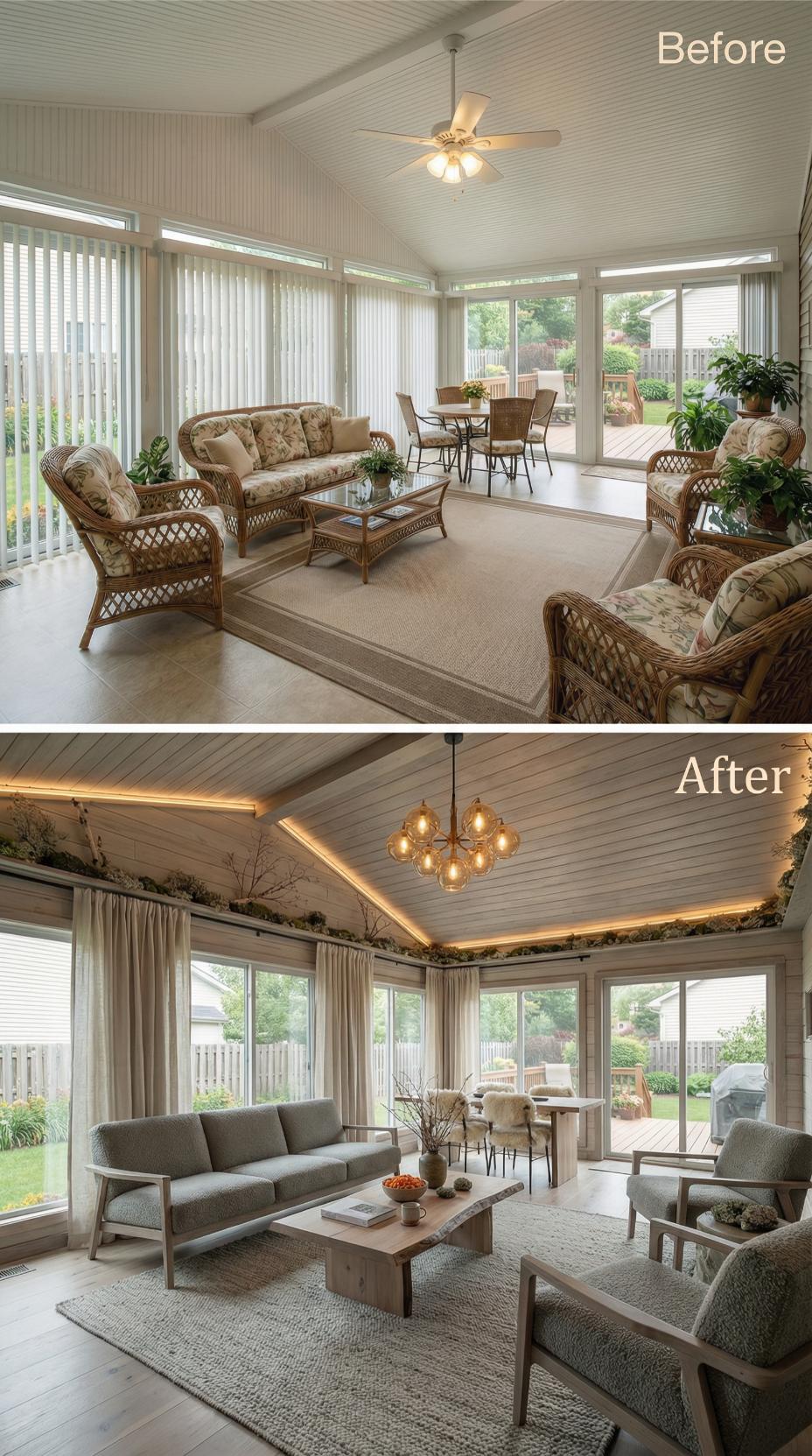 Dated Wicker Traded for Scandinavian-Inspired Gray Upholstery