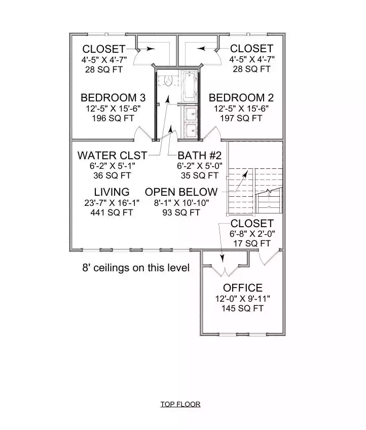 Upper Floor Plan: Two Bedrooms Share a Jack-and-Jill Bath While the Office Sits Away From It All