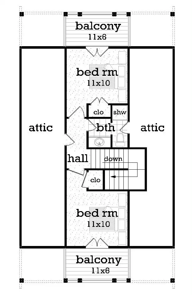 Upper Floor Plan: Two Bedrooms Flank a Central Bath and Stairwell in a Compact Attic Layout