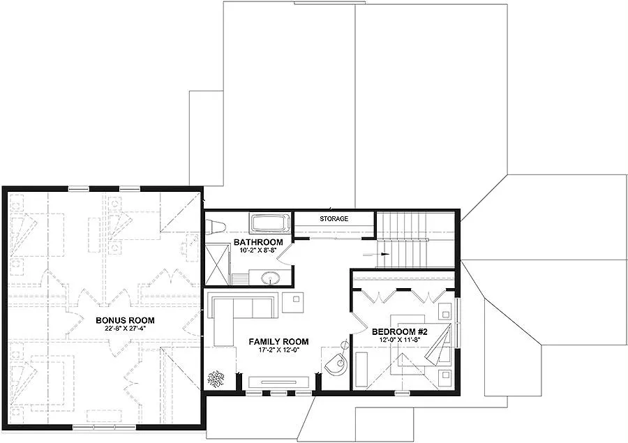 Upper Floor Plan: Bonus Room and Second Bedroom Share a Full Bath