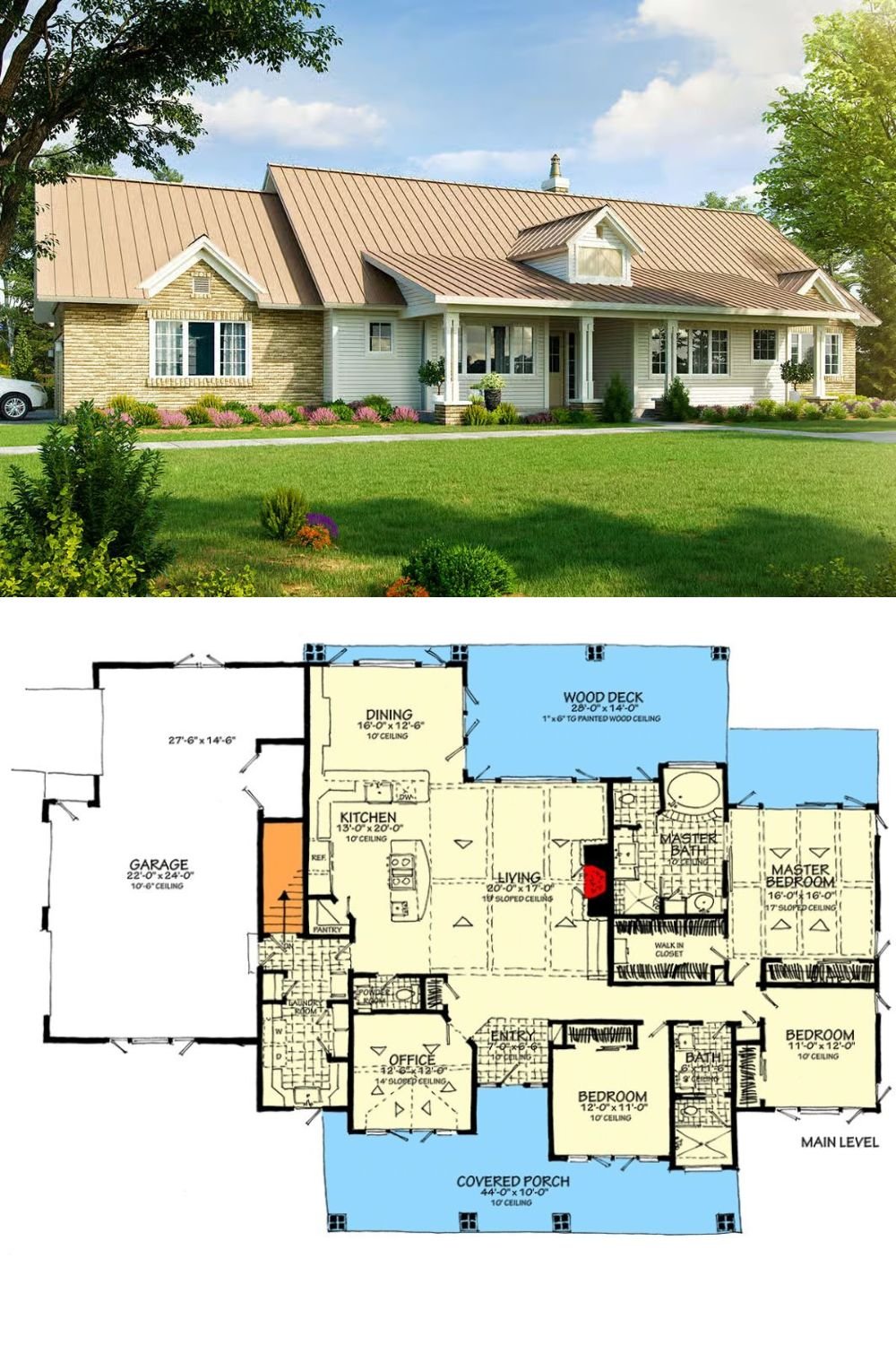 Country-Style 3-Bedroom Home with Front Porch and Covered Deck (Floor Plan)
