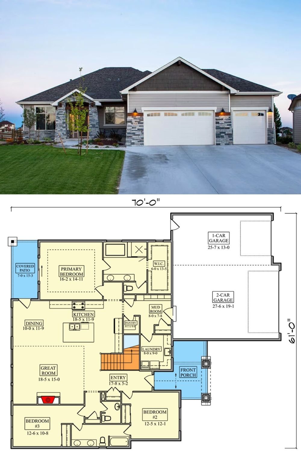 Craftsman 3-Bedroom Ranch with 3-Car Garage and Basement Expansion (Floor Plan)