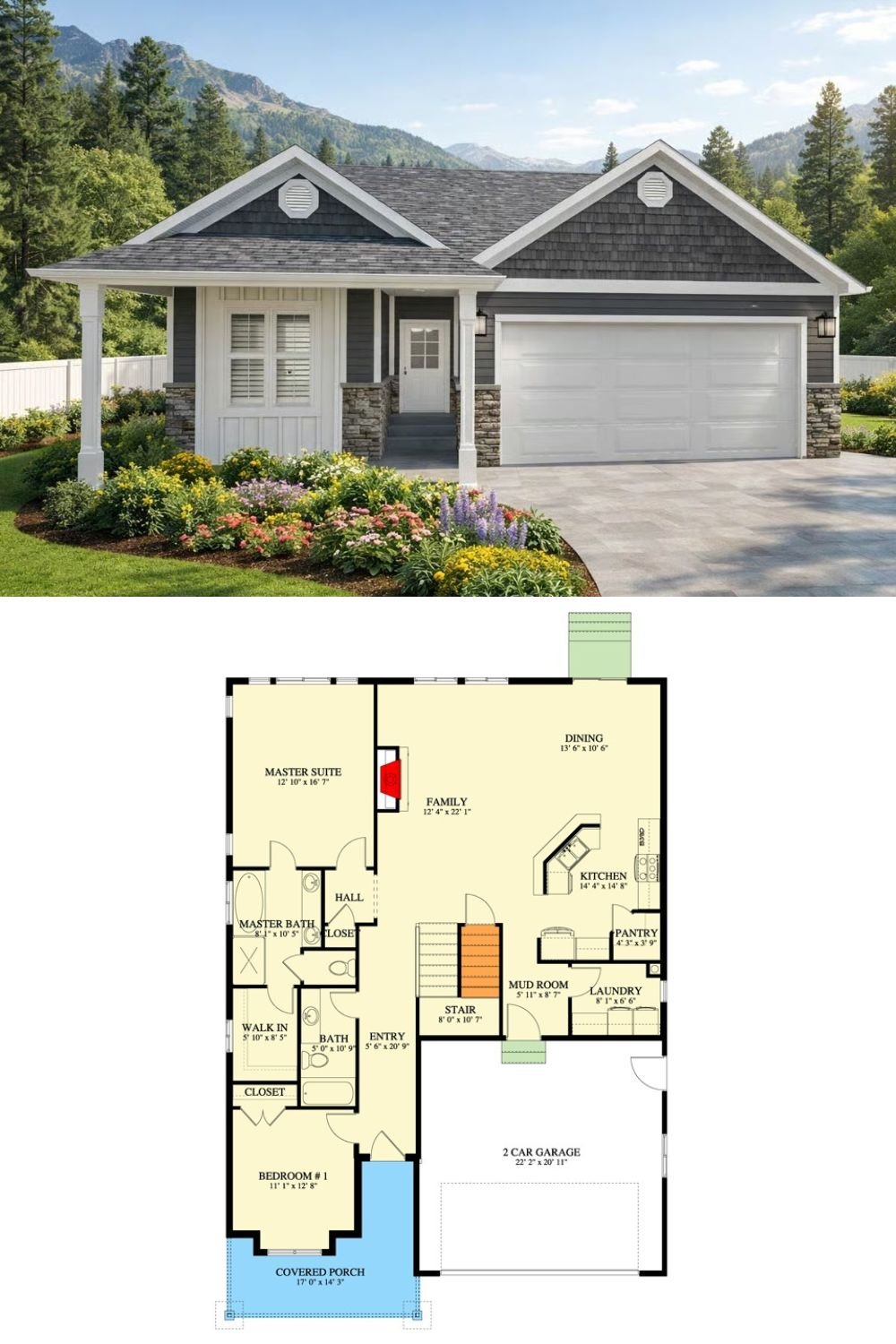 3-Bedroom Craftsman Ranch with Loft Space and Front Porch (Floor Plan)