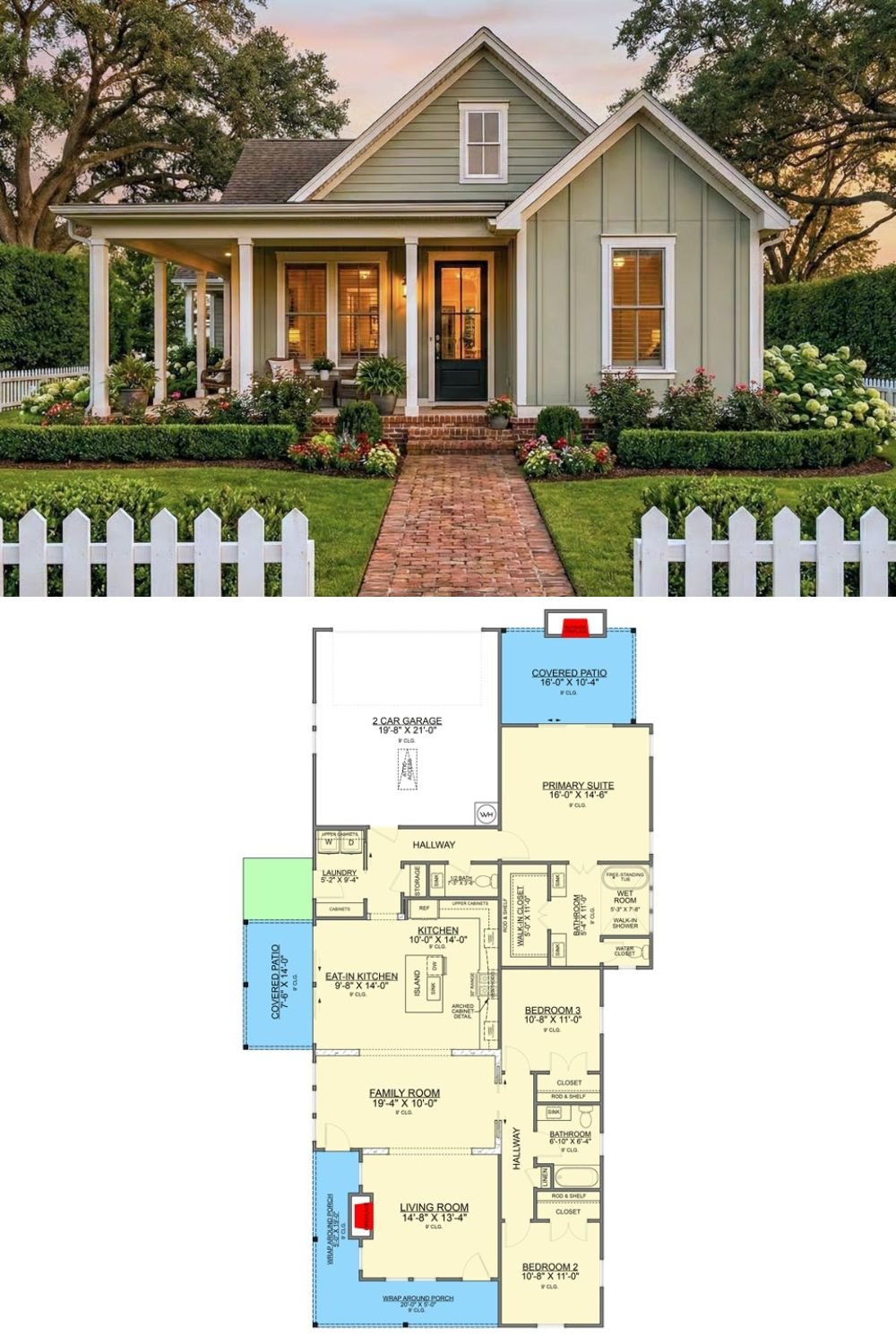 Craftsman-Style 3-Bedroom Home with Wraparound Porch and Rear Garage (Floor Plan)