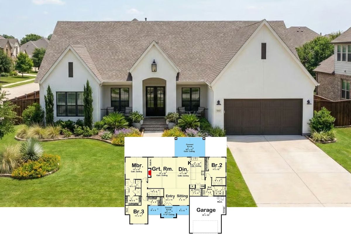 European-Style 3-Bedroom Home with Front Porch and Open-Concept Layout (Floor Plan)