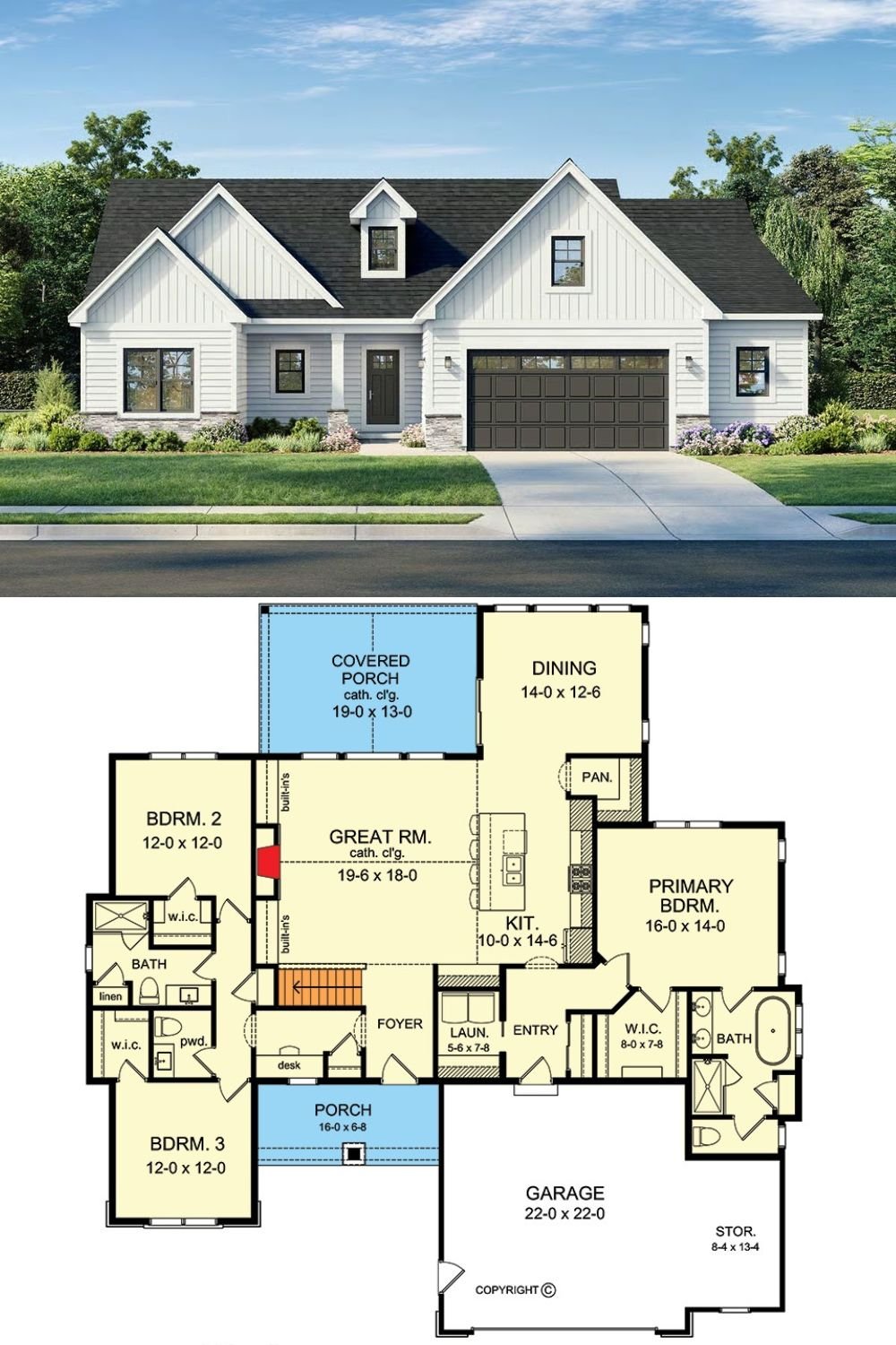 3-Bedroom Farmhouse with 2-Car Garage and Open-Concept Living (Floor Plan)
