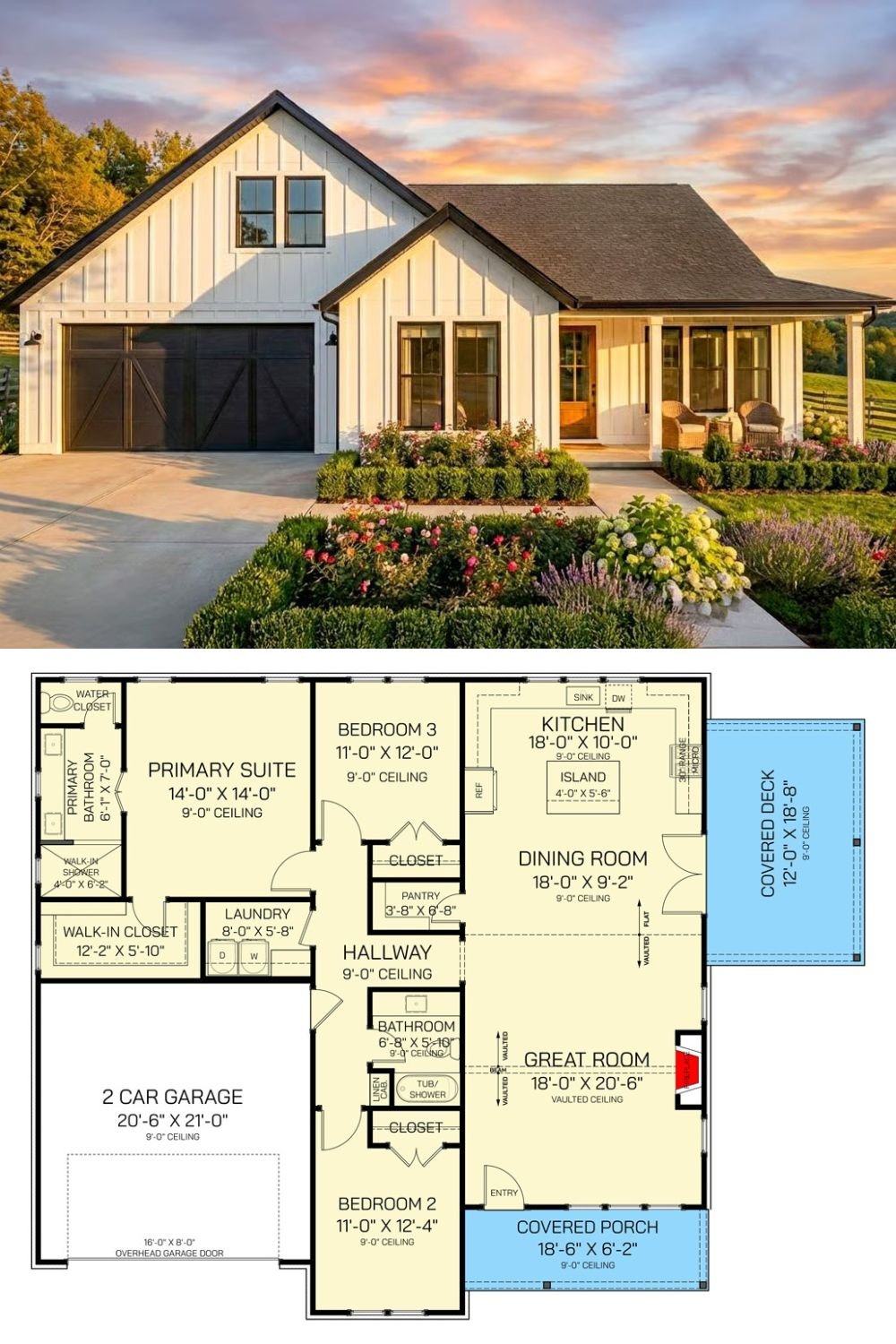3-Bedroom Modern Farmhouse with Front Porch and Covered Patio (Floor Plan)