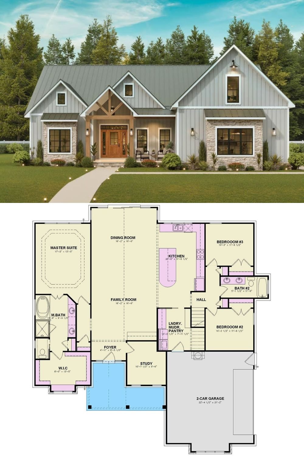 Modern Farmhouse-Style 3-Bedroom Home with Bonus Room and Covered Front Porch (Floor Plan)