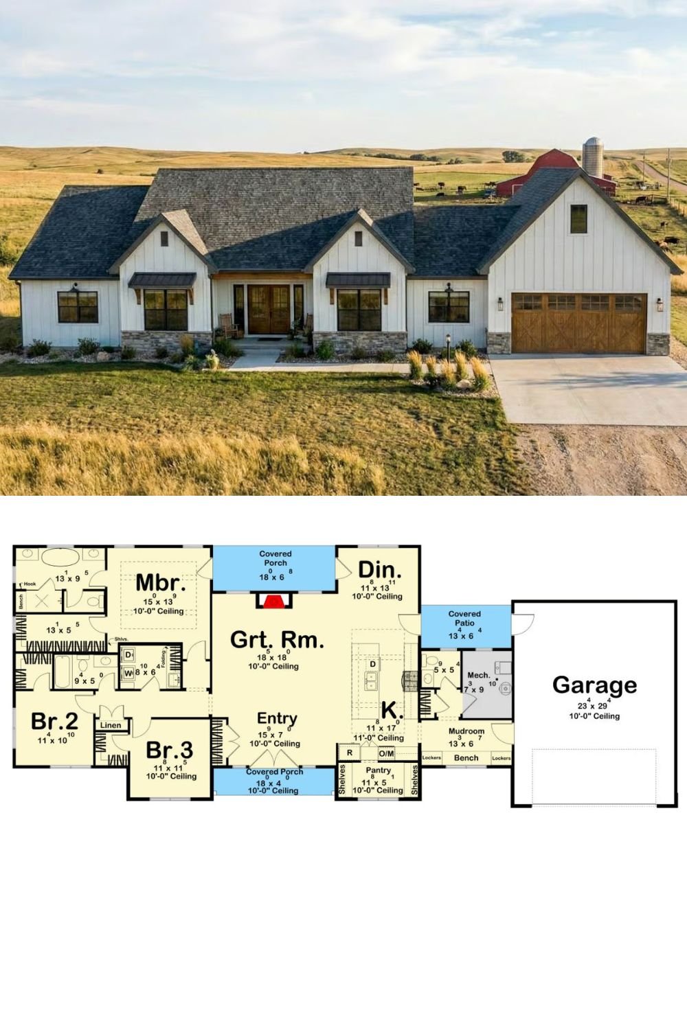 Modern Farmhouse-Style Home for a Wide Lot with Covered Patios and 3 Clustered Bedrooms (Floor Plan)