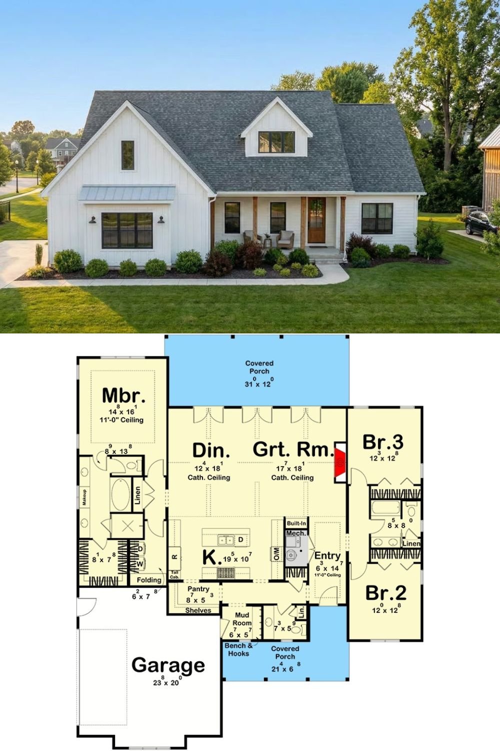 3-Bedroom Modern Farmhouse with Front Porch and Covered Patio (Floor Plan)