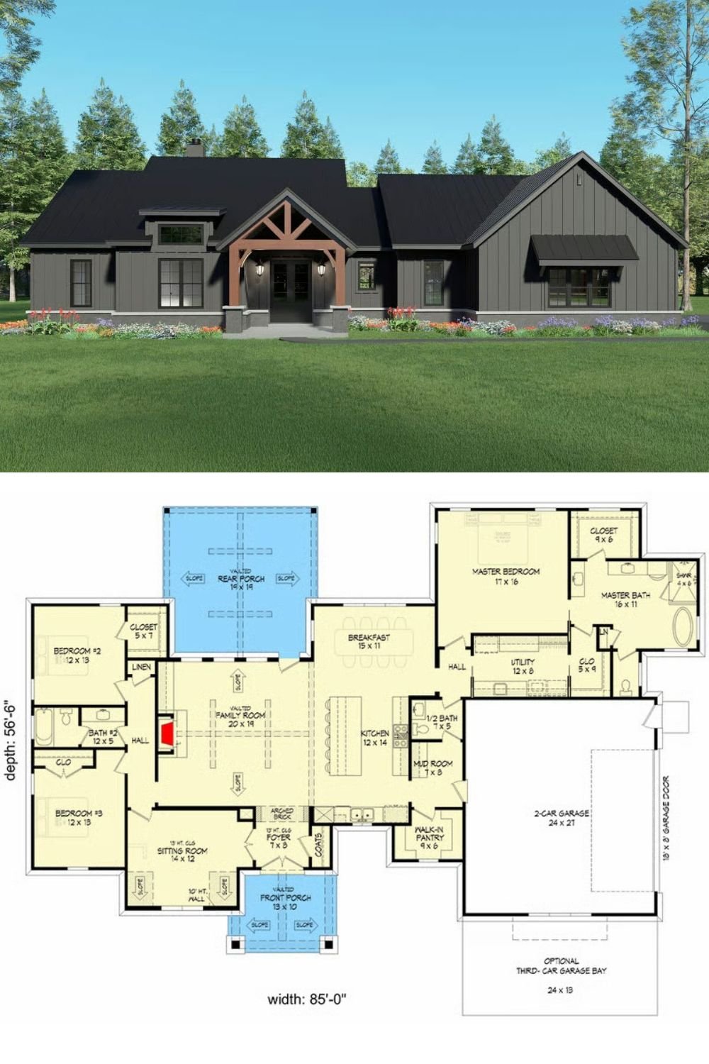 Modern 3-Bedroom Mountain Ranch for a Corner Lot with Open-Concept Living (Floor Plan)