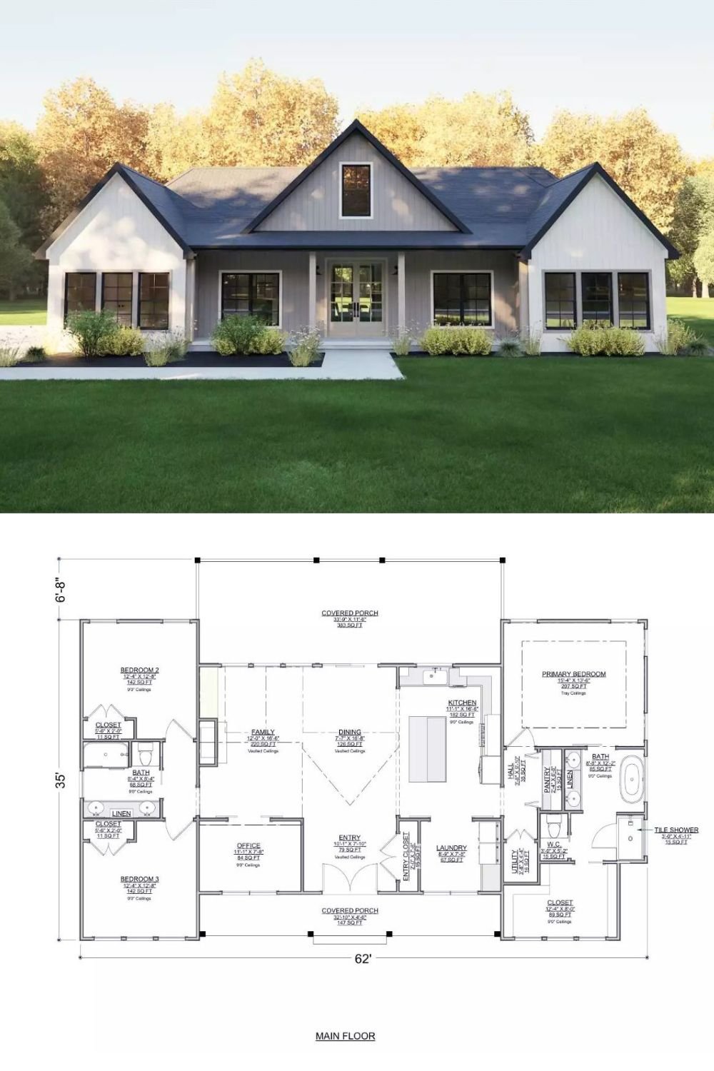 Farmhouse-Style Pebble Crest Home with Open Living Space and 3 Bedrooms (Floor Plan)
