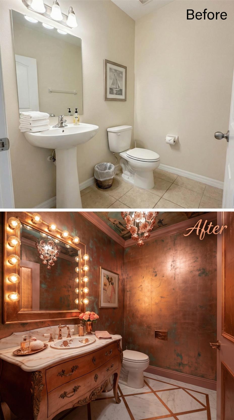 Hollywood Vanity Globe Lights and Oxidized Copper Walls Vaporize Beige