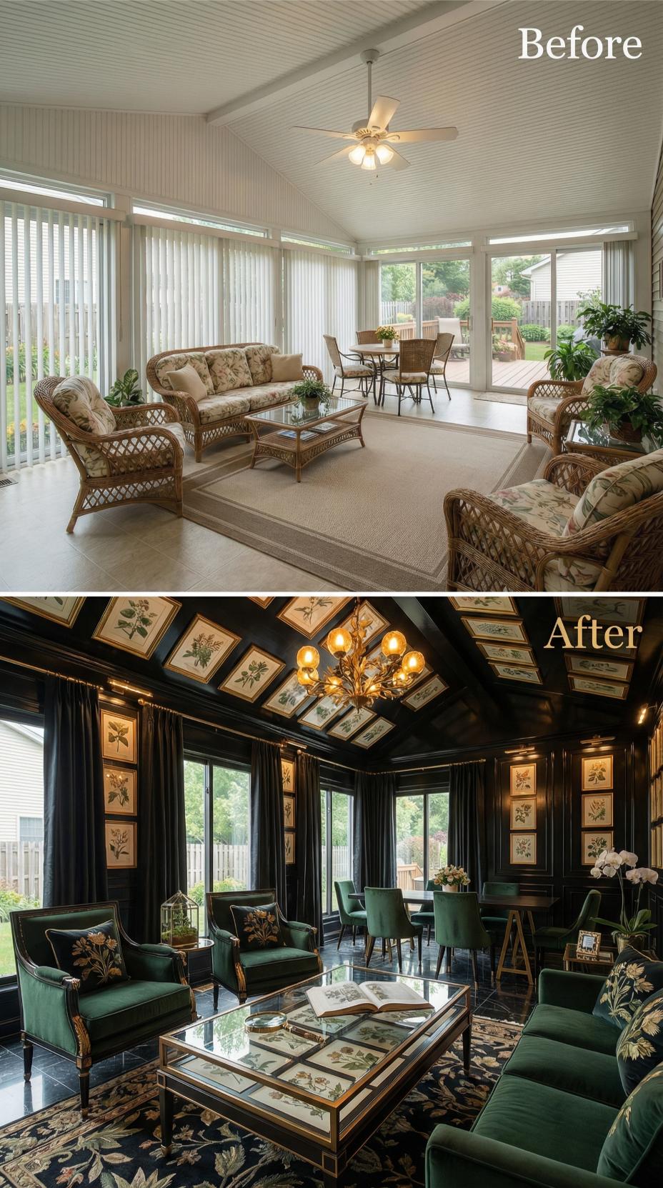 Vertical Blinds and Ceiling Fan Displaced by Botanical Gallery and Emerald Velvet