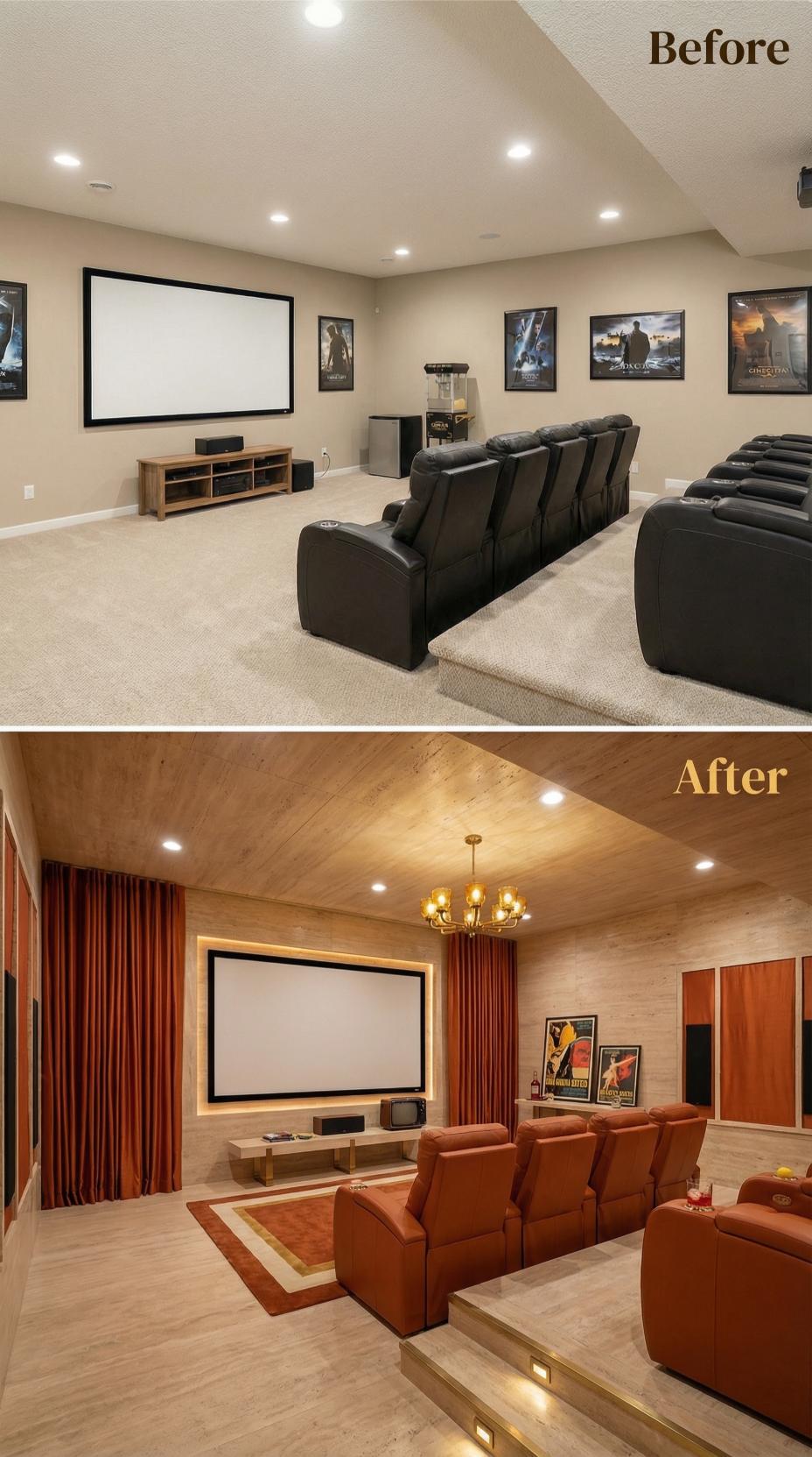 Wood Plank Ceiling and Cognac Leather Replace Theater Builder Beige