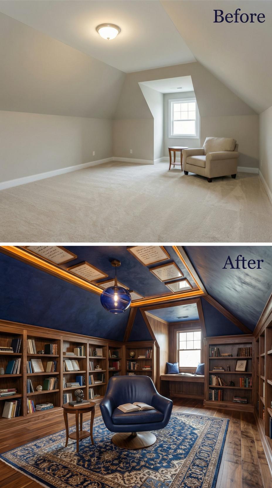 Deep Sapphire Study Frames Walnut Bookshelves and Window Bench