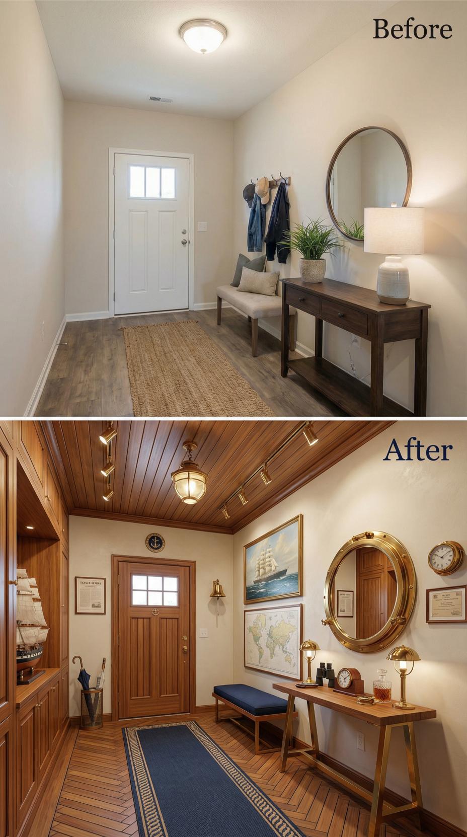 Wood Plank Ceiling and Porthole Mirror Replace Staged Entryway