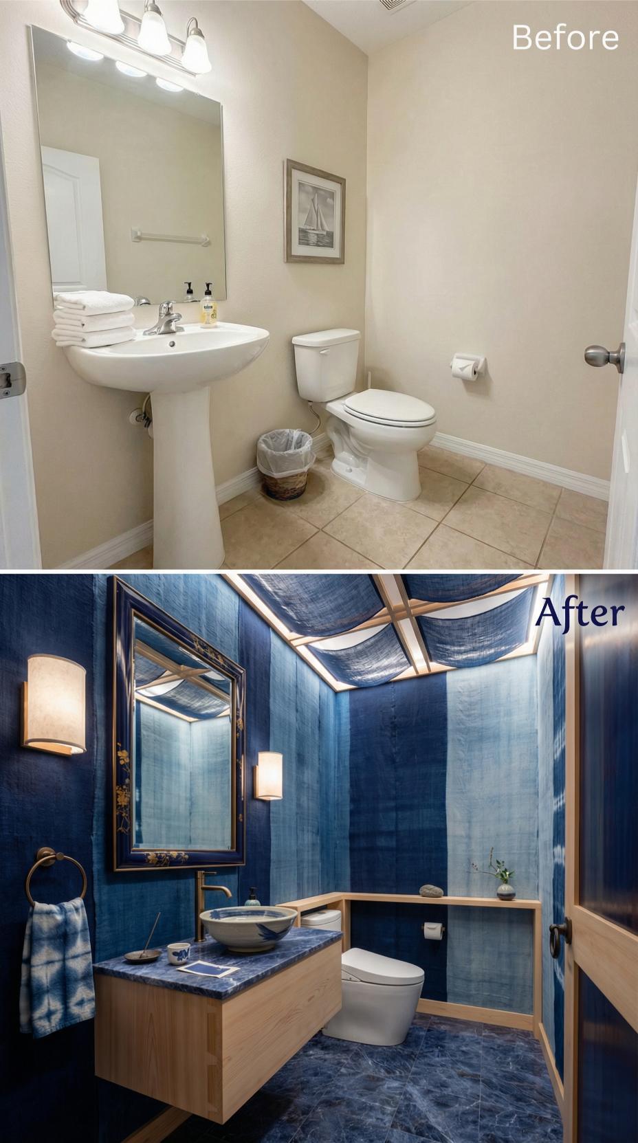 Indigo Shibori Walls and Floating Teak Console Incinerate Beige