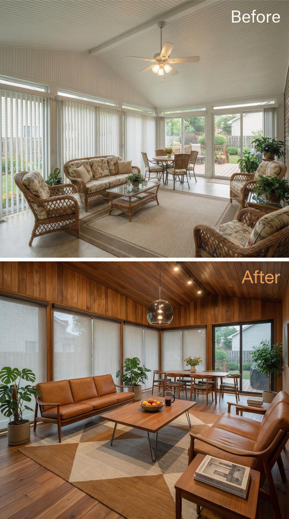 Ribbed Vinyl and Wicker Fade Into Rich Walnut Paneling and Leather