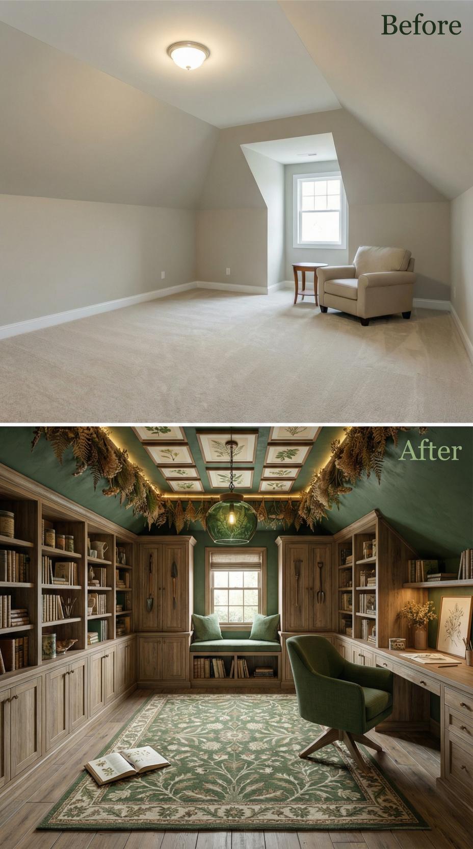 Forest Green Home Library Enveloped by Botanical Ceiling Panels