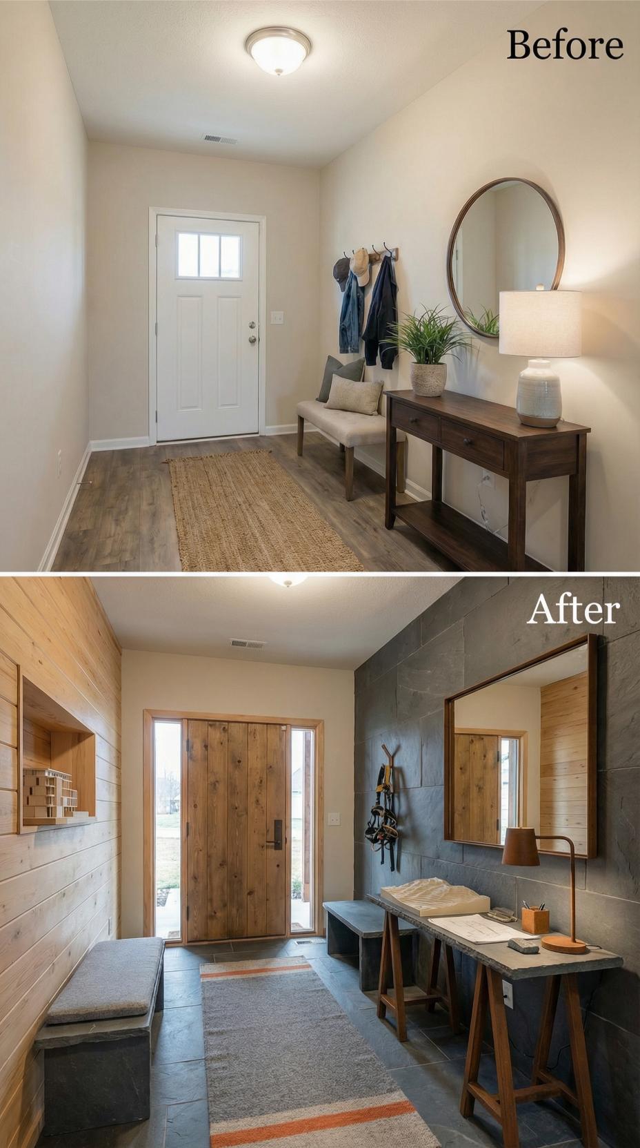 Industrial Concrete Wall and Cedar Planking Replace Beige Builder Entry