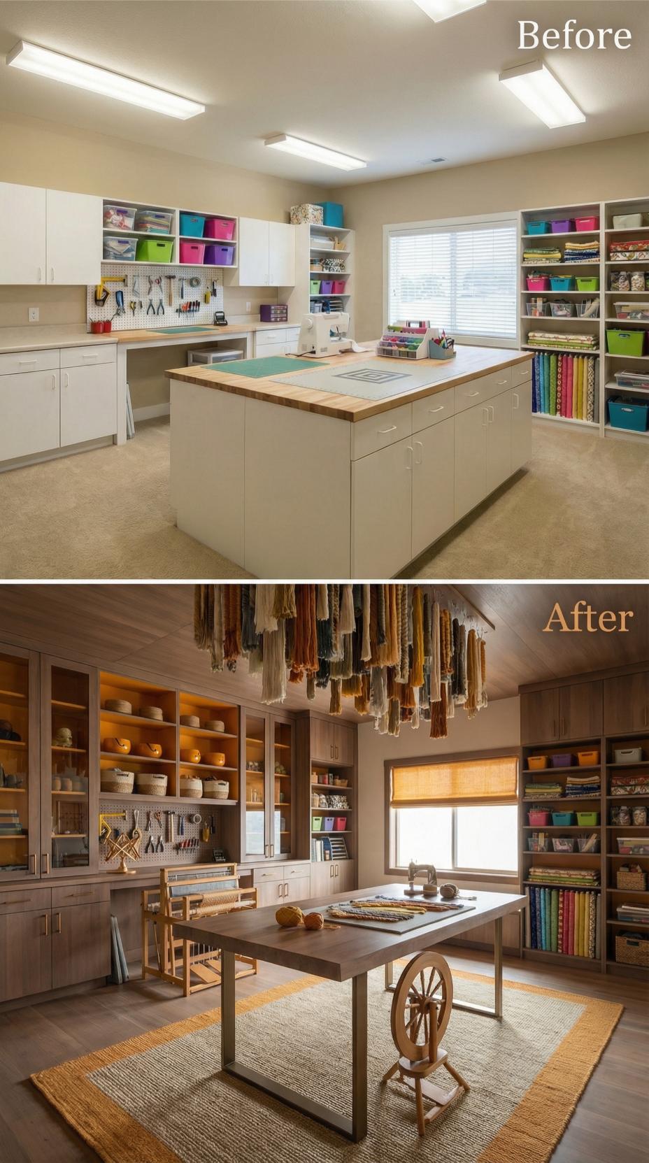 Laminate Craft Center Gives Way to Walnut Workshop with Fabric Chandelier