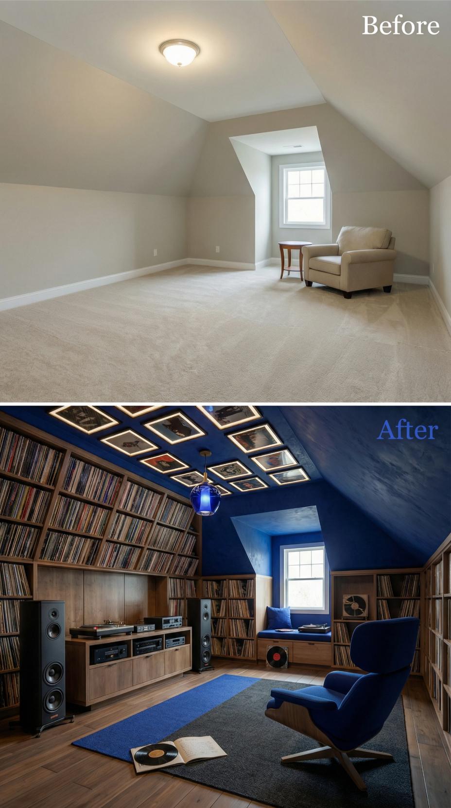 Cobalt Vinyl Library with Framed Album Ceiling and Built-In Window Bench