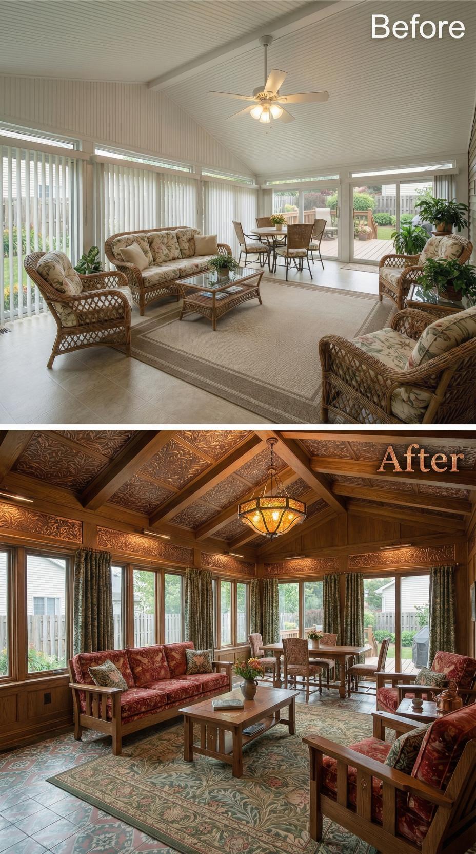 Beadboard and Wicker Exit for Coffered Mahogany and Stained Glass Pendant