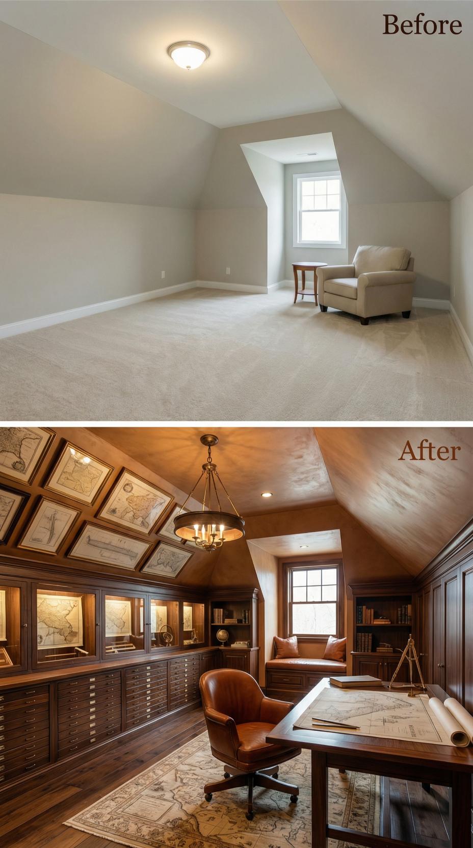 Mahogany Map Room with Glass-Front Display Cabinets and Drafting Station