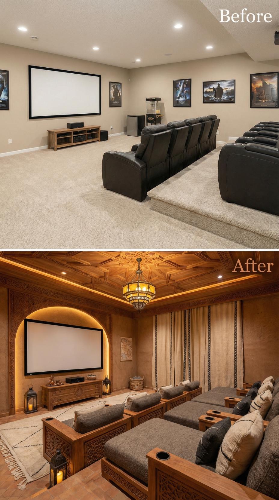 Coffered Wood Ceiling and Moroccan Chandelier Erase Theater Neutrals